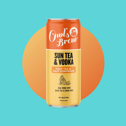Can of Owl's Brew Sun Tea & Vodka on a blue background with an orange circle