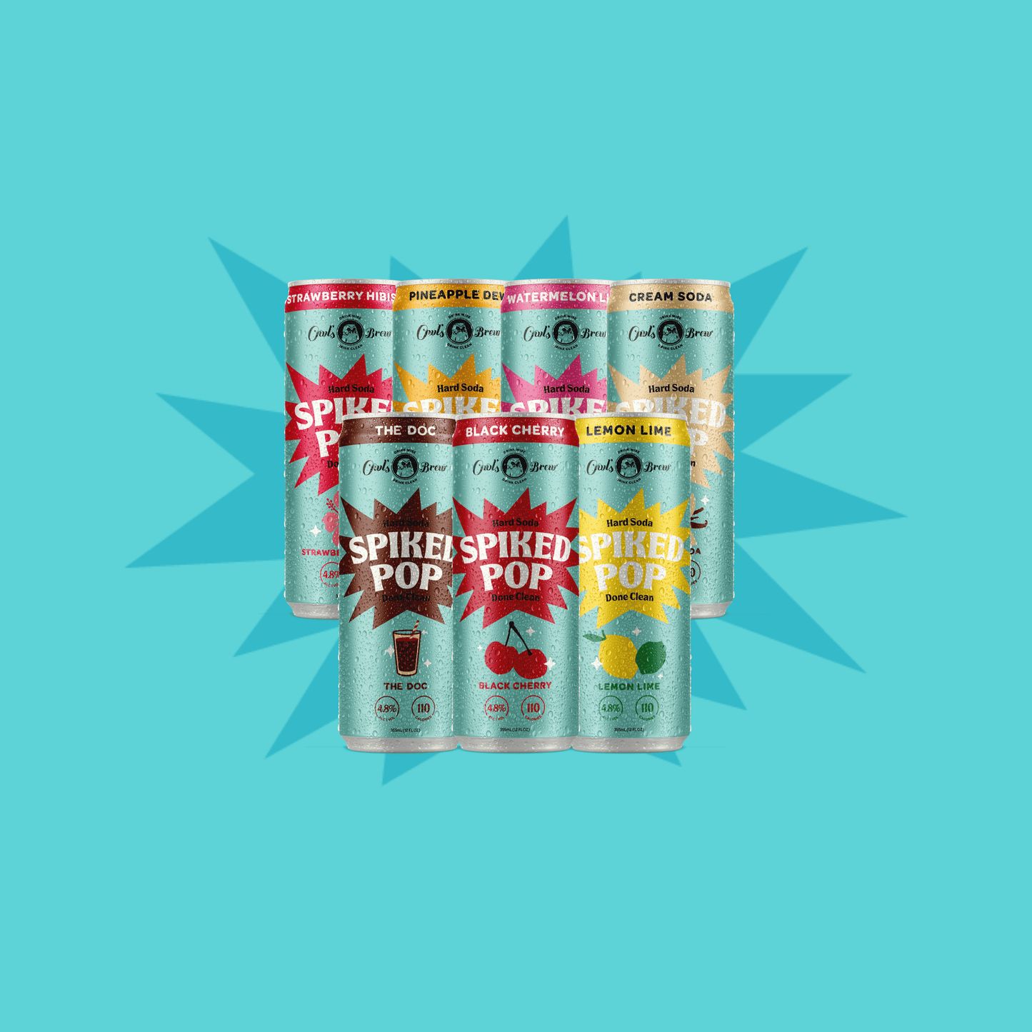 Multiple cans of Spiked Pop on a blue background