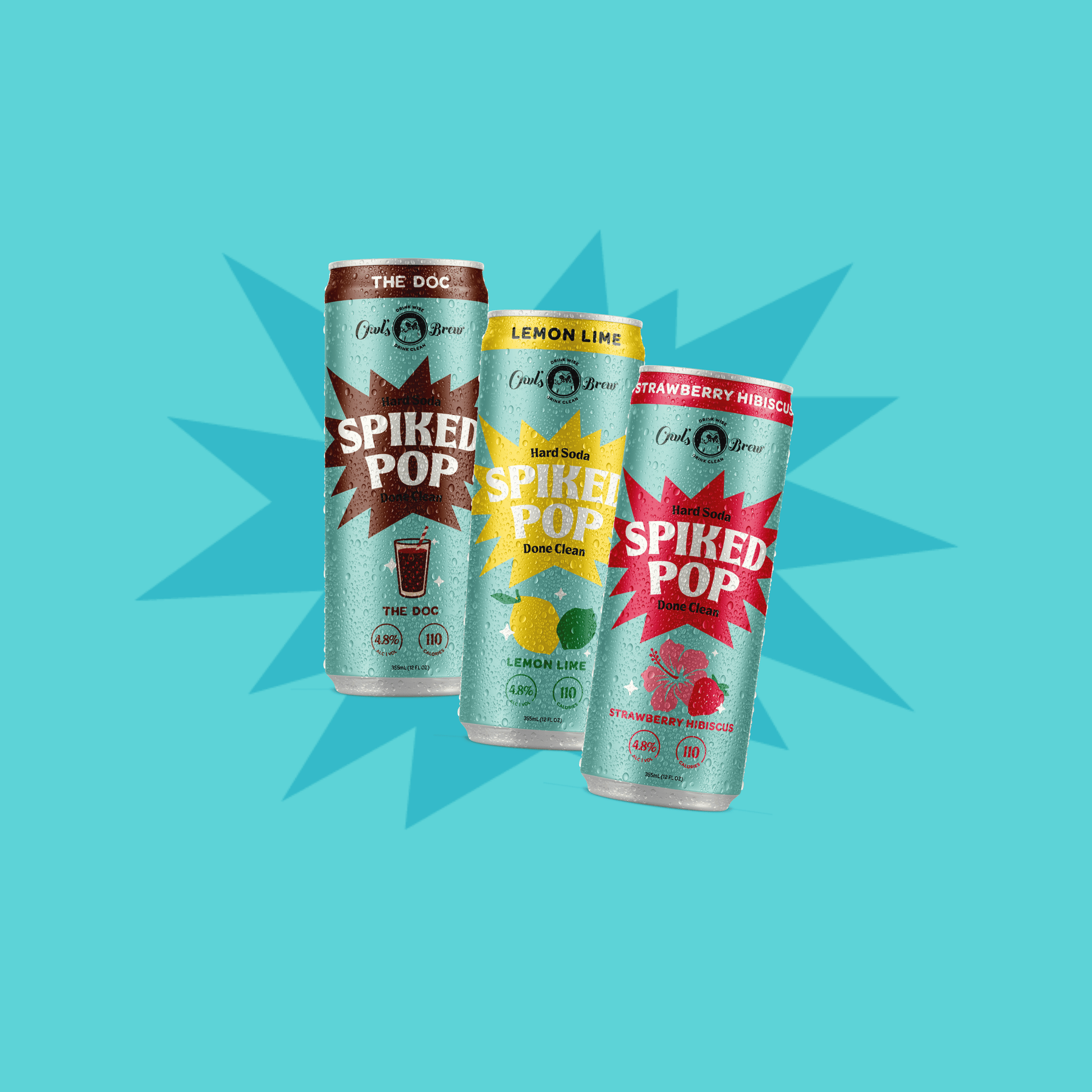 Three cans of 'Spiked Pop' on a blue background