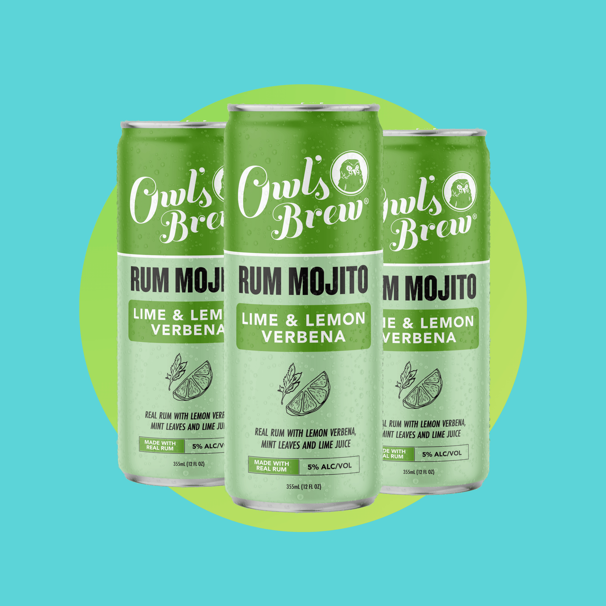 Three cans of Owl's Brew Rum Mojito on a blue background