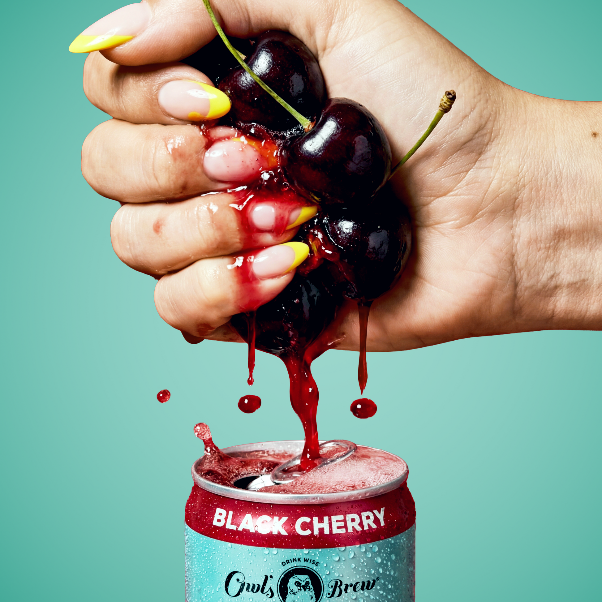 Hand squeezing black cherries into a Black Cherry Spiked Pop can with a teal background