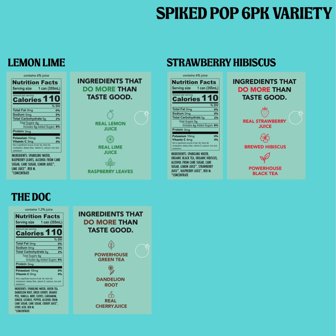 Spiked Pop 6PK Variety packaging with different flavor labels on a light blue background.
