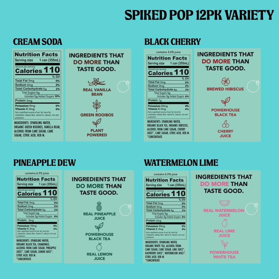 Spiked Pop 12pk variety pack with ingredient and nutritional information on a blue background