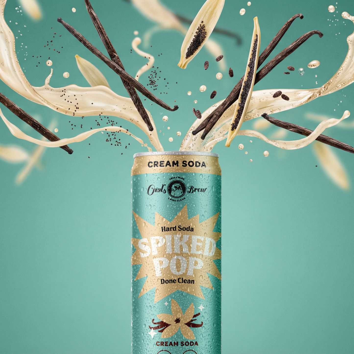 Can of 'Spiked Pop' cream soda with vanilla beans and cream splashes on a teal background