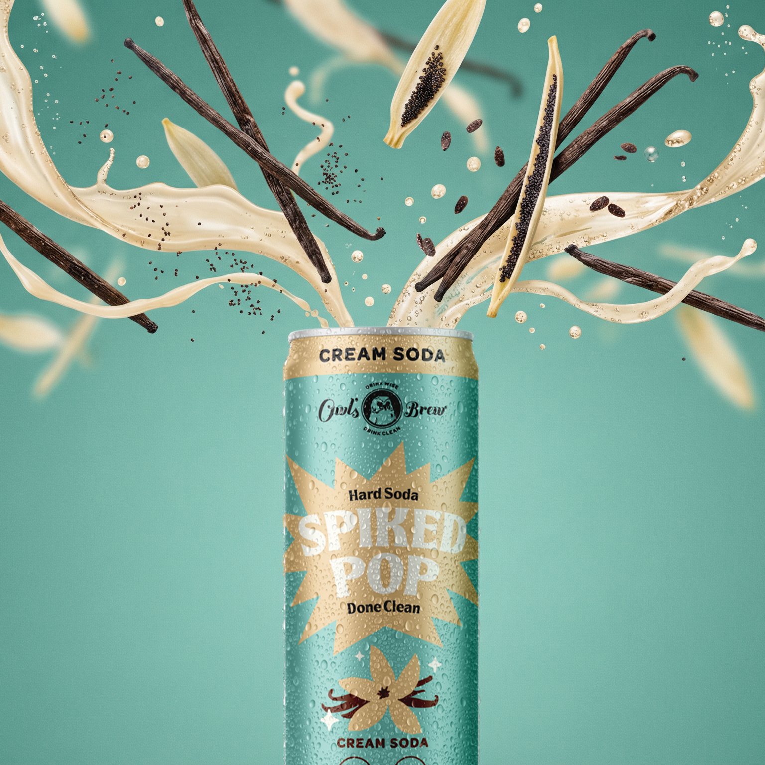 Can of 'Spiked Pop' cream soda with vanilla beans and cream splashes on a teal background