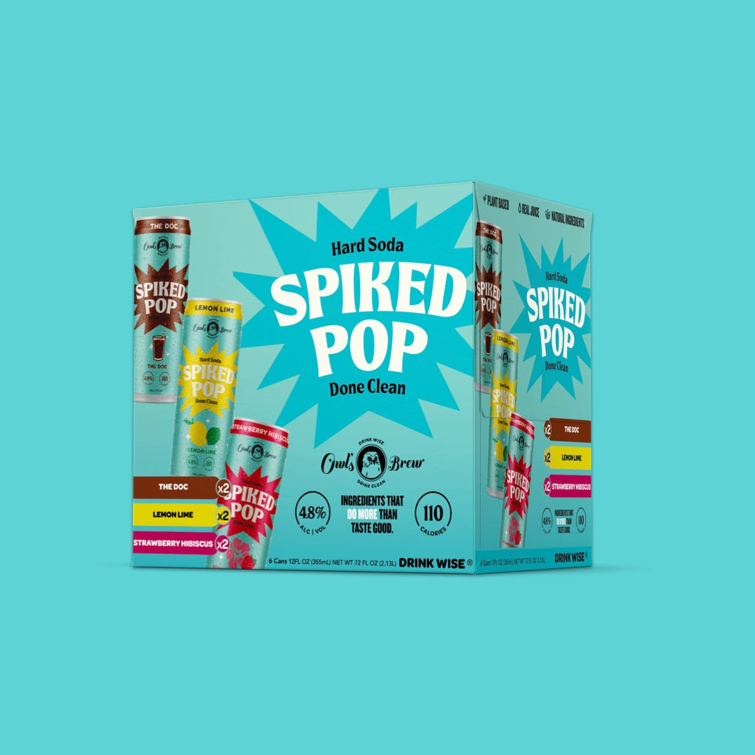 Spiked Pop hard soda packaging on a teal background