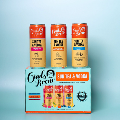 Pack of Owl's Brew Sun Tea & Vodka cans on a light blue background