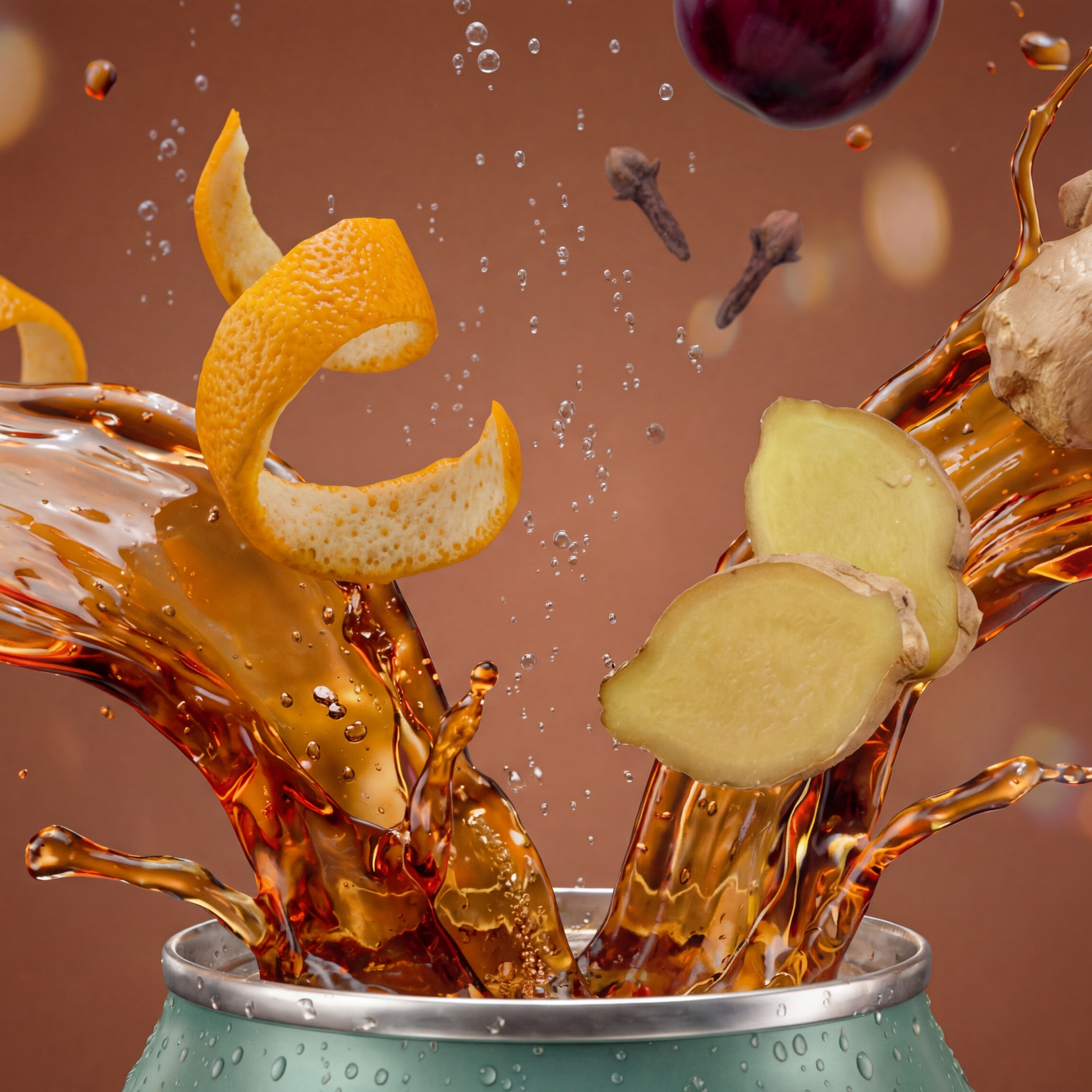 Tea with floating ingredients like ginger, orange peel, and cloves against a brown background