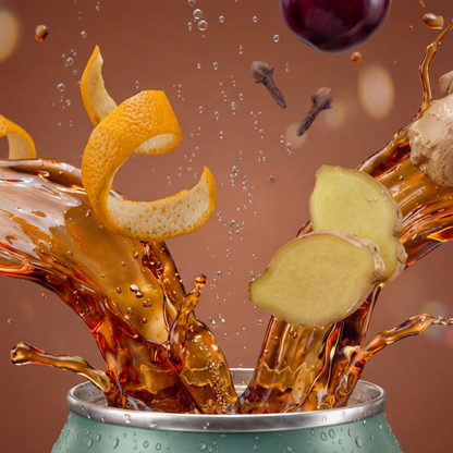Tea with floating ingredients like ginger, orange peel, and cloves against a brown background